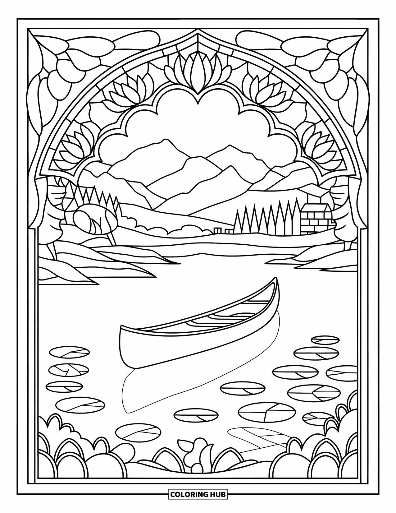 Ausmalbild Angeln für Erwachsene: Ein friedliches Kanu treibt auf einem See, umrahmt von Buntglasblumen und Bäumen