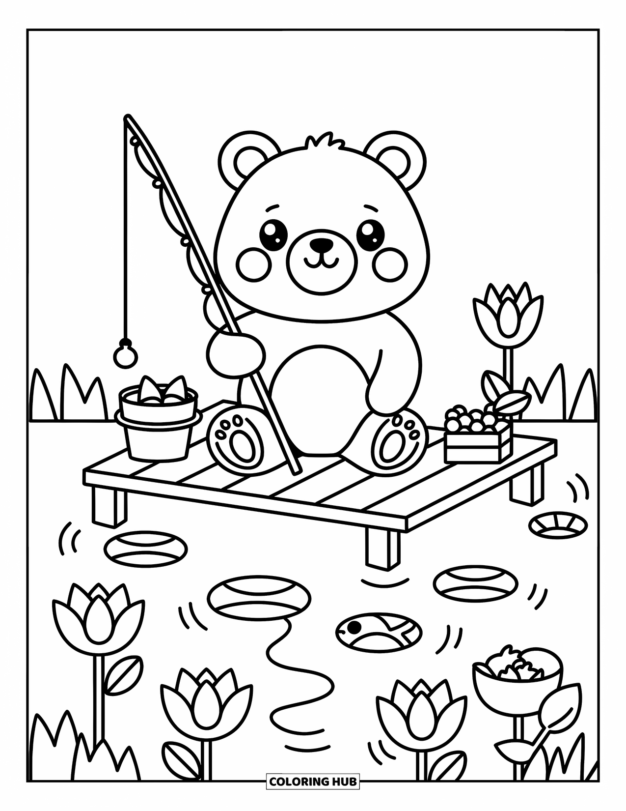 Ausmalbild Angeln für Erwachsene: Ein süßer Bär angelt auf einem Dock mit Snacks und einem neugierigen Fisch, der in der Nähe des Schwimmers späht