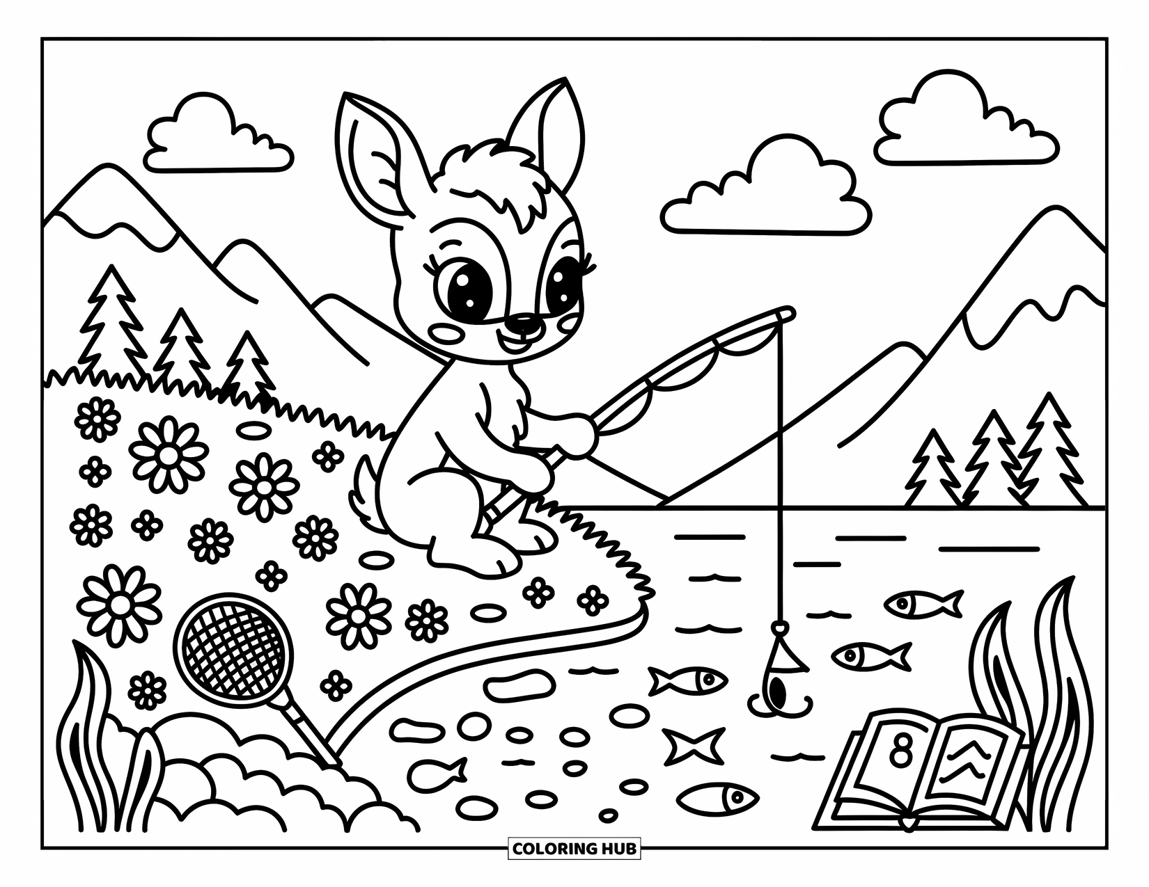 Ausmalbild Angeln für Erwachsene: Ein süßes Reh angelt am See mit einem Netz, einem Buch und faulen Wolken darüber