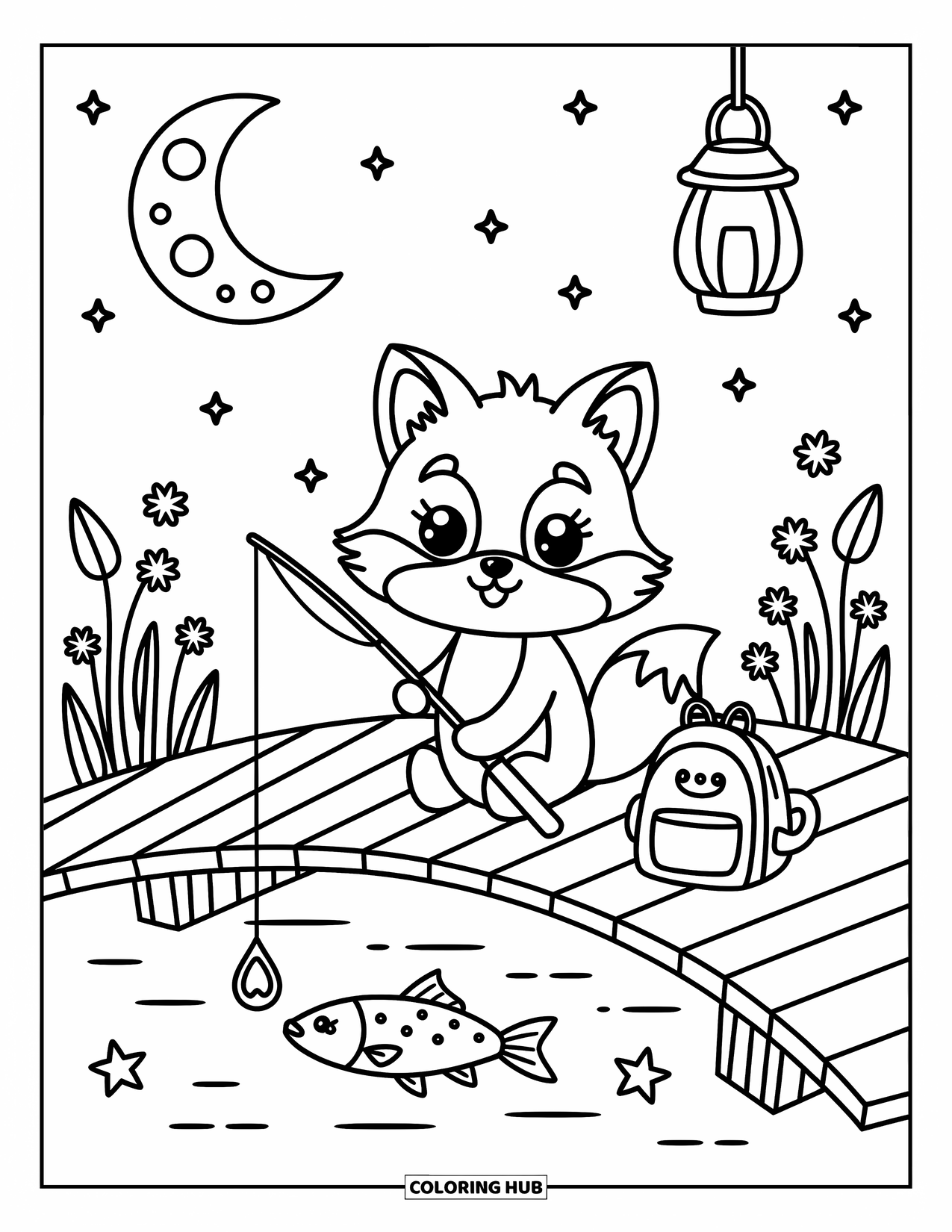 Ausmalbild Angeln für Erwachsene: Ein winziger Fuchs angelt nachts mit einer Laterne, sanften Sternen und sanften Blumen
