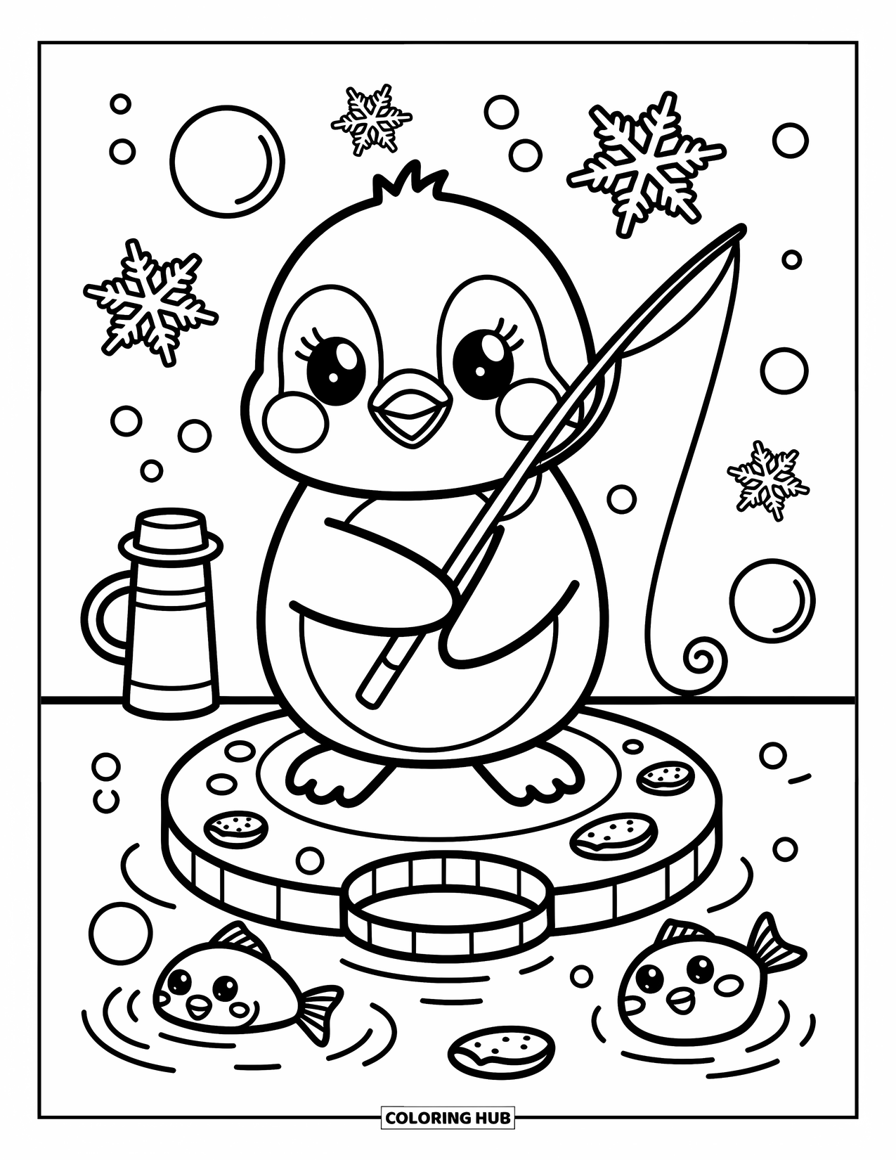 Ausmalbild Angeln für Erwachsene: Ein winziger Pinguin angelt auf dem Eis mit Schneeflocken, Keksen und lächelnden Fischen darunter