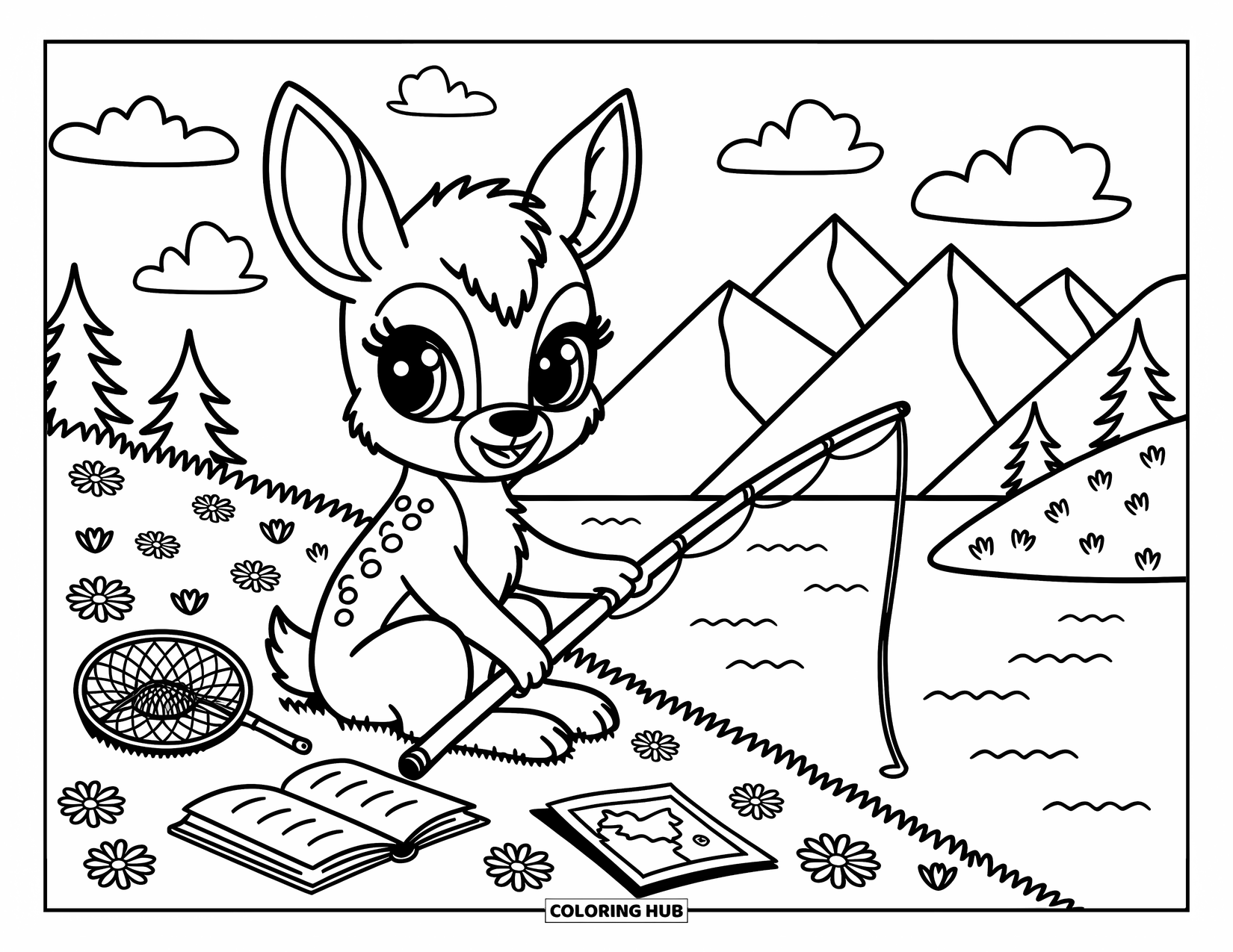 Ausmalbild Angeln für Erwachsene: Ein junges Reh angelt an einem Bergsee mit Gänseblümchen, einem Insektennetz und einer Wanderkarte