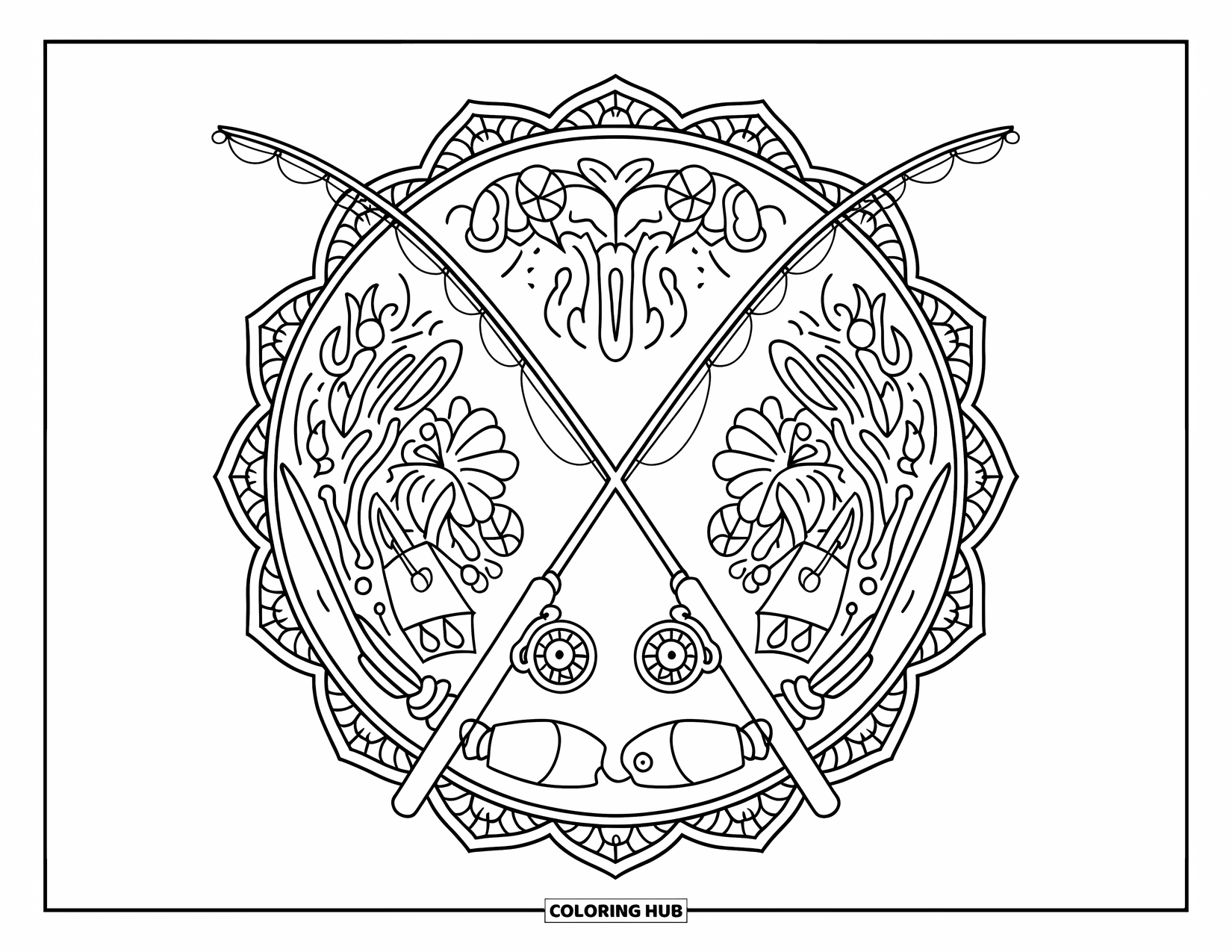 Ausmalbild Angeln für Erwachsene: Angeln sitzen im Zentrum eines floralen Mandalas mit Haken und Mustern