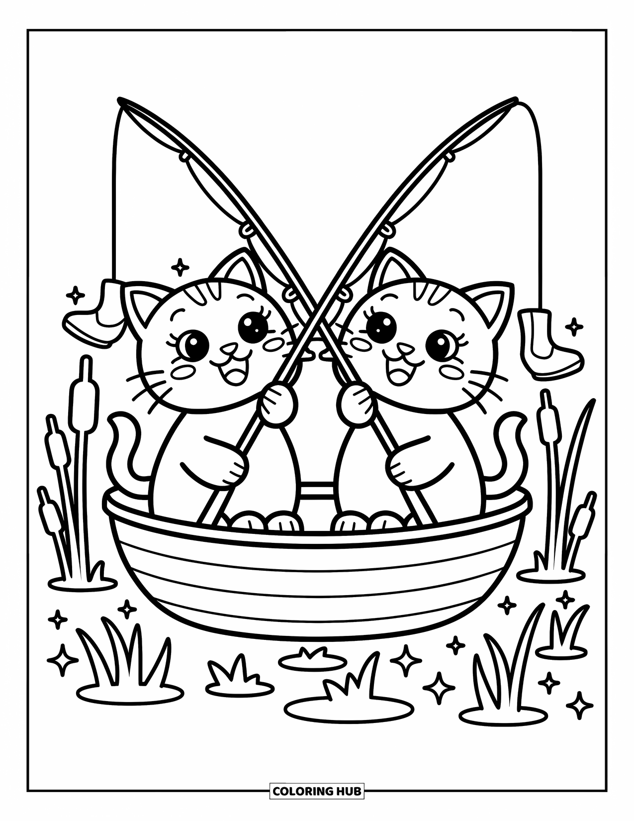 Ausmalbild Angeln für Erwachsene: Zwei Kawaii-Katzen angeln zusammen in einem Boot mit Blasen, Rohrkolben und Kichern