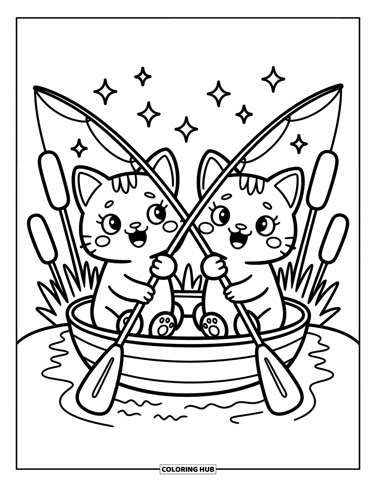 Ausmalbild Angeln für Erwachsene: Zwei verspielte Katzen angeln in einem Boot, eine fängt einen Stiefel, während die andere lacht