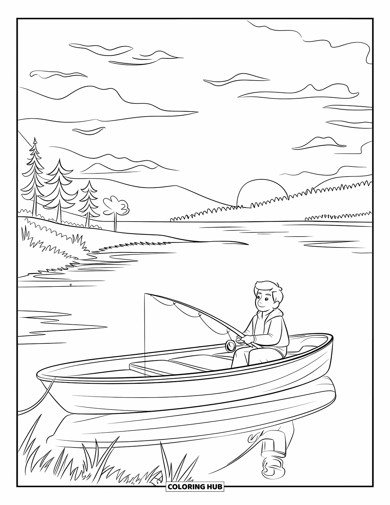 Ausmalbild Angeln für Kinder: Ein Boot treibt auf ruhigem Wasser, während ein Teenager bei Sonnenaufgang angelt