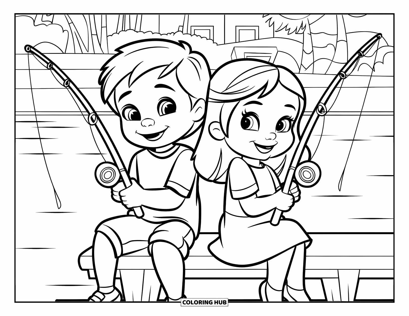 Ausmalbild Angeln für Kinder: Ein Junge und ein Mädchen angeln glücklich von einem Dock aus mit Bäumen im Hintergrund