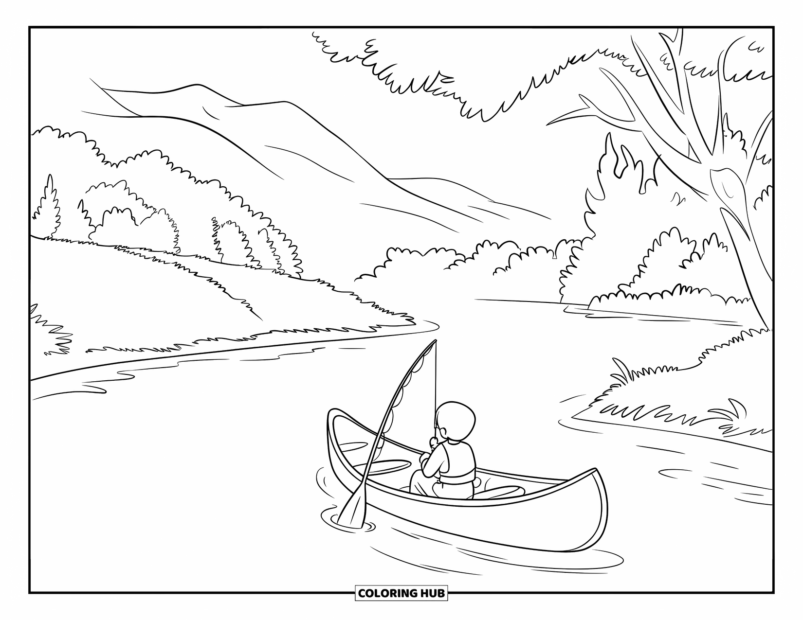 Ausmalbild Angeln für Kinder: Eine ruhige Flussszene mit einem Kind, das aus einem Kanu heraus angelt