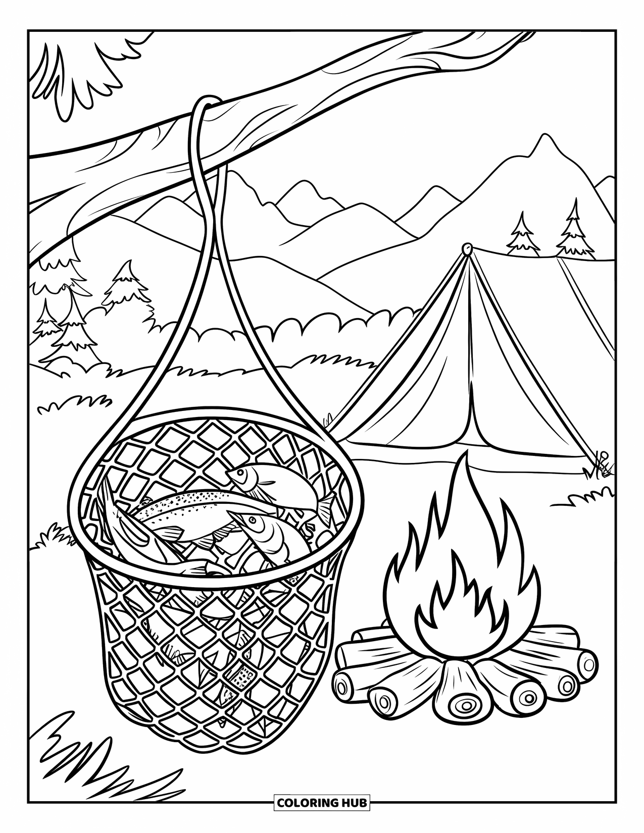 Ausmalbild Angeln für Kinder: Eine Lagerfeuerszene mit einem Netz voller Fische neben einem ruhigen Zelt
