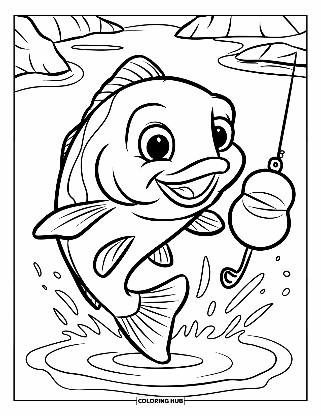 Ausmalbild Angeln für Kinder: Ein fröhlicher Fisch springt in der Nähe eines Schwimmers im Wasser mit Felsen in der Nähe