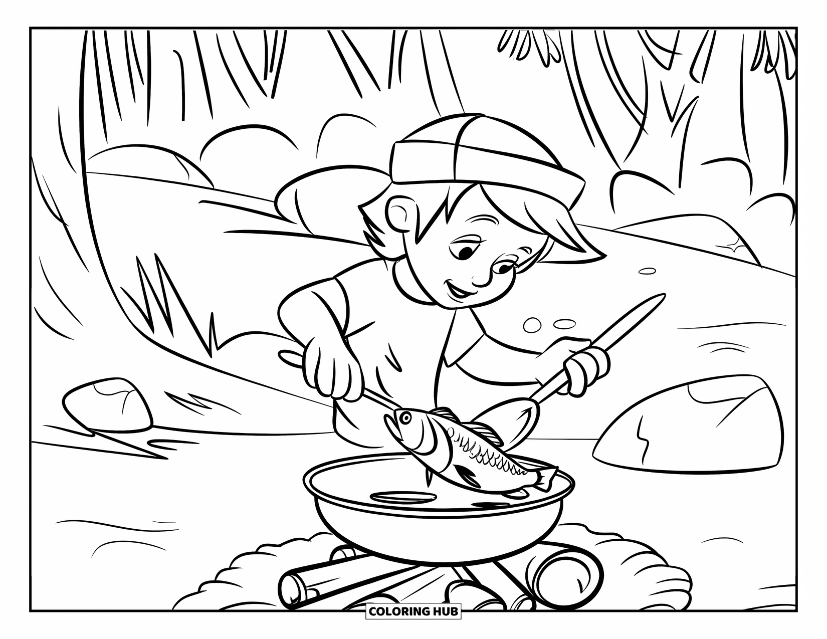 Ausmalbild Angeln für Kinder: Ein Kind kocht seinen Fisch über einem kleinen Lagerfeuer im Wald