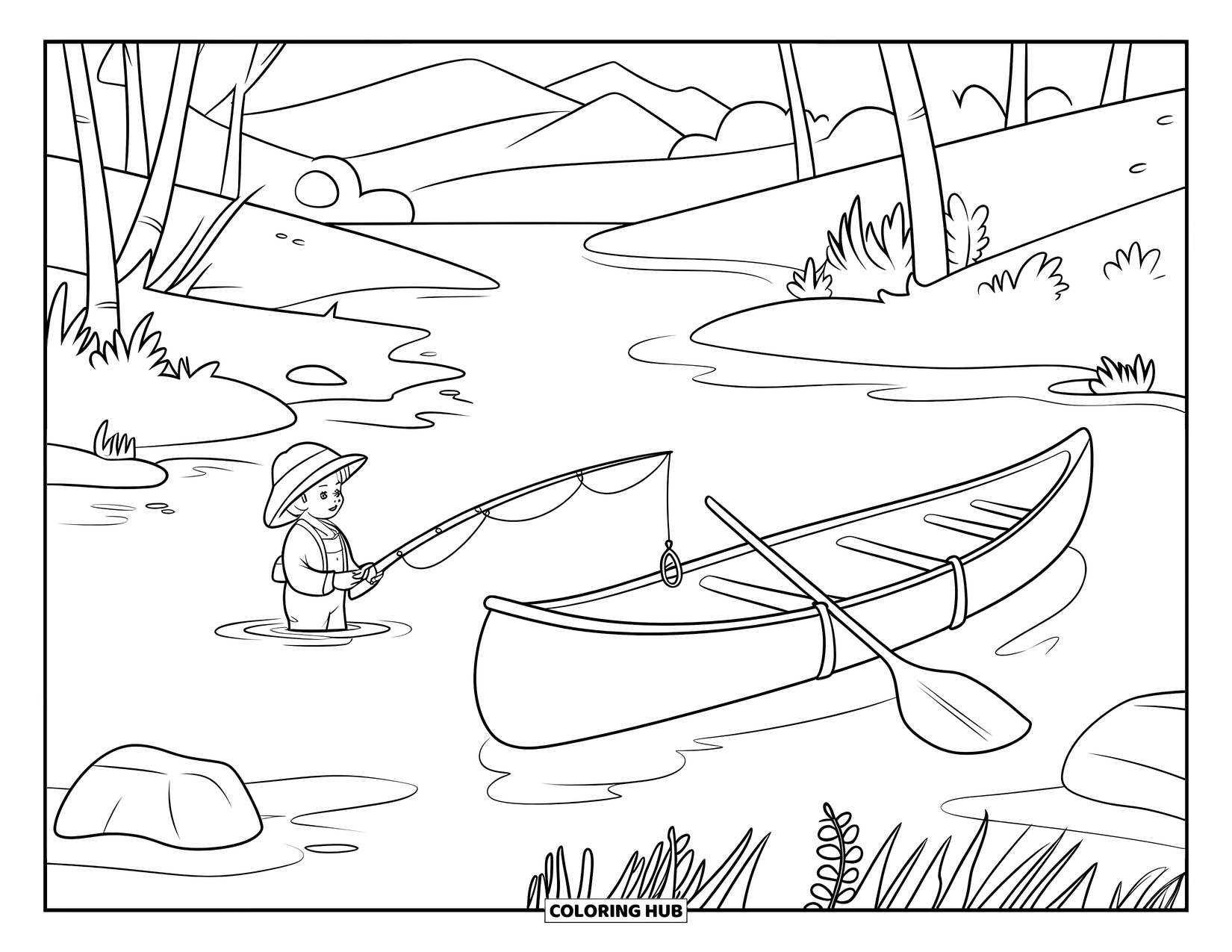 Ausmalbild Angeln für Kinder: Ein Kind angelt an einem friedlichen Fluss, wo ein Kanu in der Nähe treibt