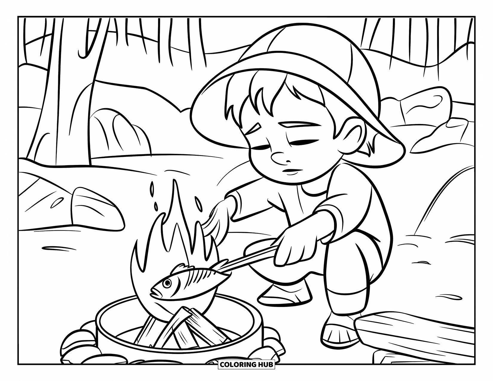 Ausmalbild Angeln für Kinder: Ein Kind konzentriert sich darauf, Fisch über einem warmen, kleinen Lagerfeuer zu kochen