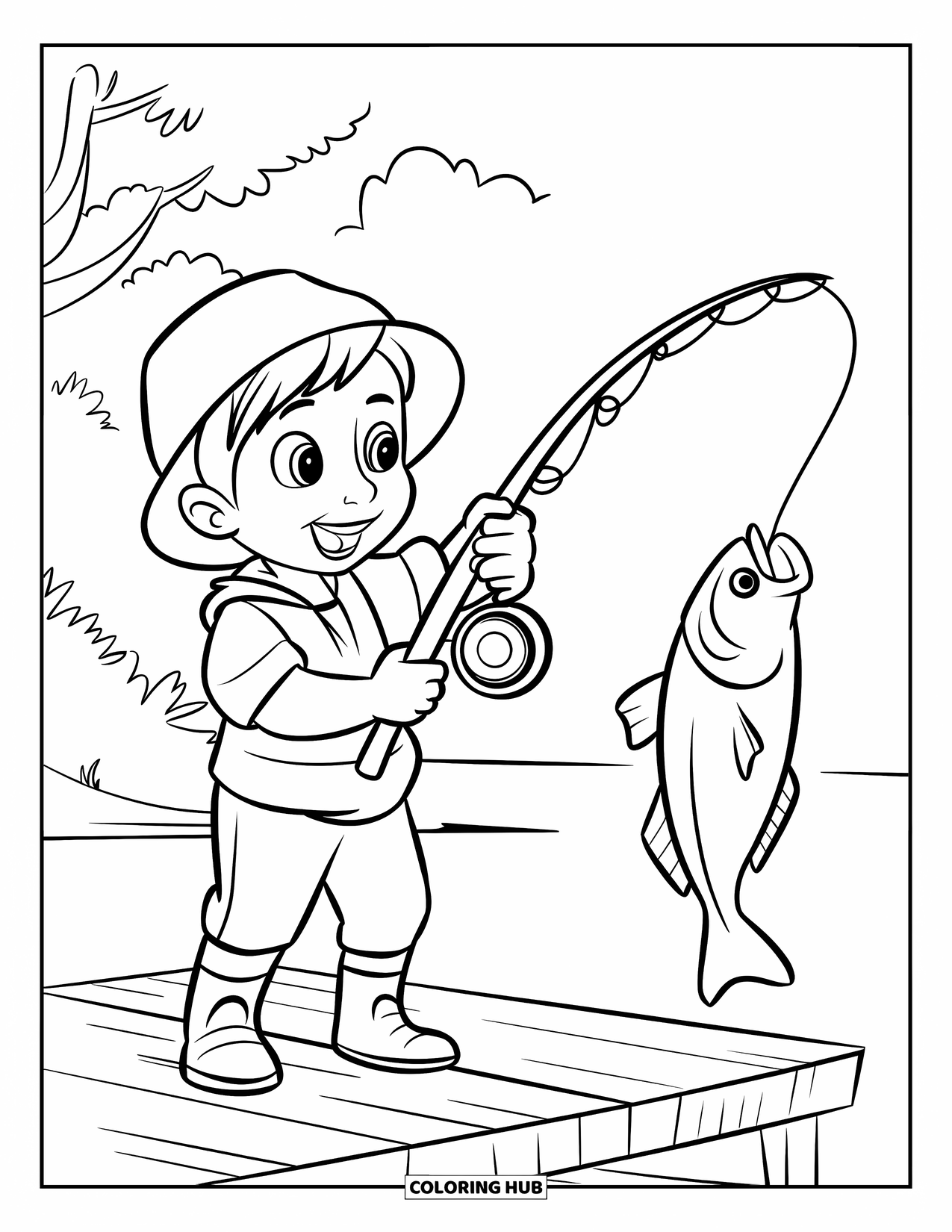 Ausmalbild Angeln für Kinder: Ein Kind zieht einen Fisch auf einem Dock unter einem weiten, klaren Himmel ein