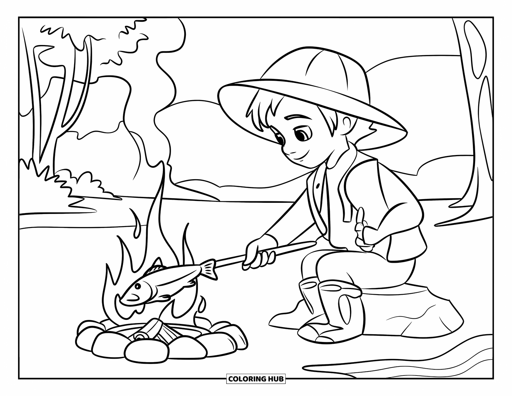 Ausmalbild Angeln für Kinder: Ein Kind steht auf einem Felsen und kocht Fisch über einem Berglagerfeuer