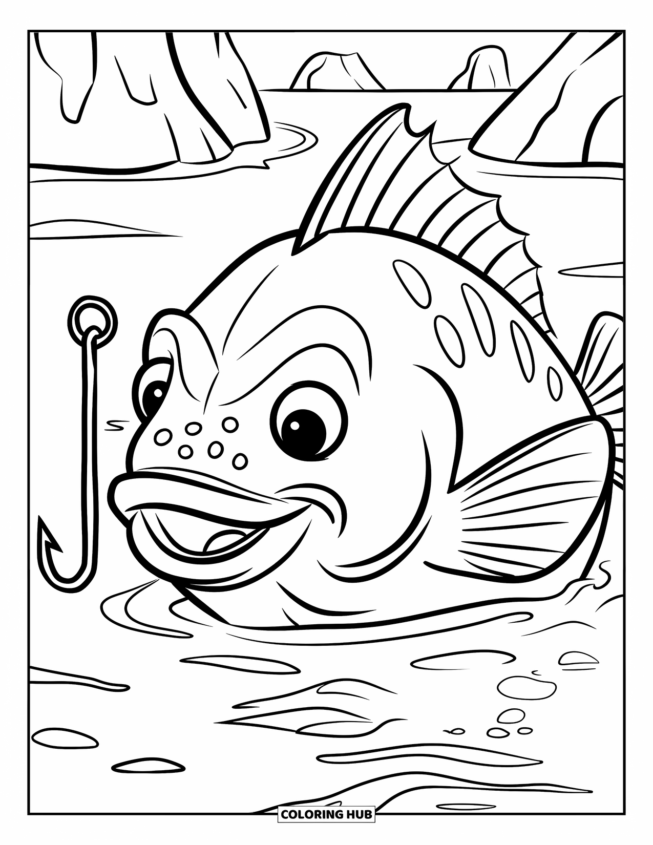 Ausmalbild Angeln für Kinder: Ein gekrönter Fisch lächelt in der Nähe eines Hakens im Wasser mit Felsen herum