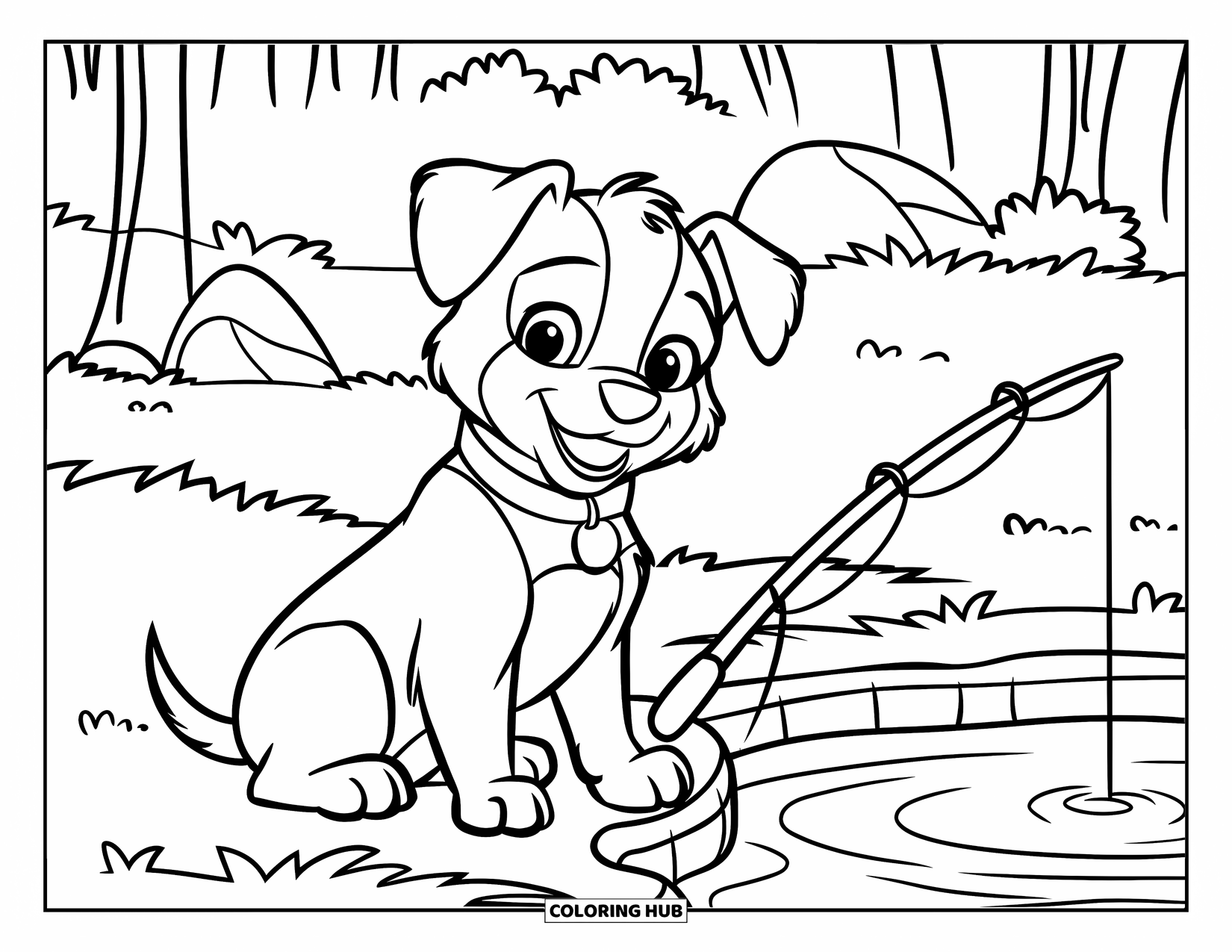 Ausmalbild Angeln für Kinder: Ein süßer Welpe angelt an einem Teich und sitzt mit einer Rute zwischen Bäumen und Felsen
