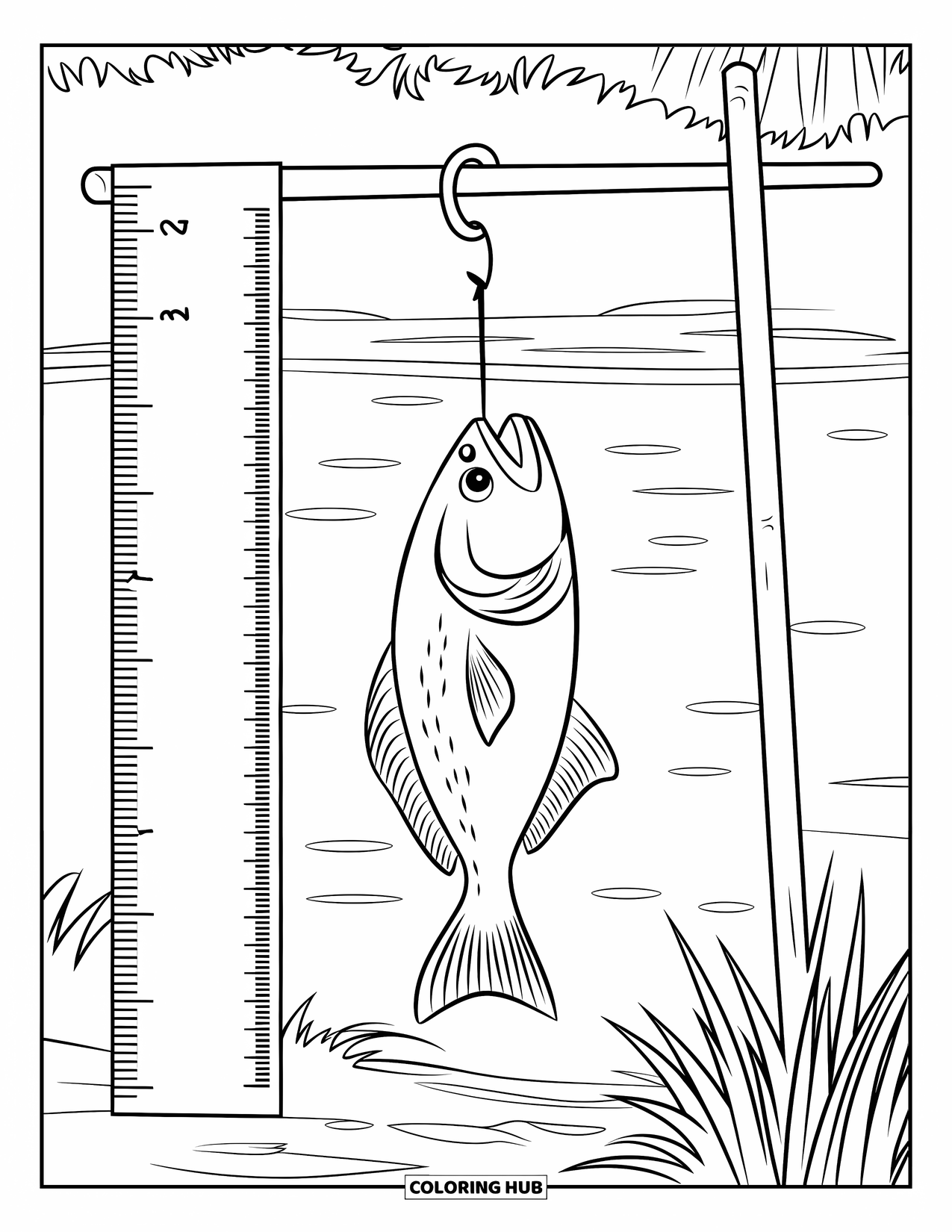 Ausmalbild Angeln für Kinder: Ein Fisch hängt über einem Lineal neben üppiger Vegetation