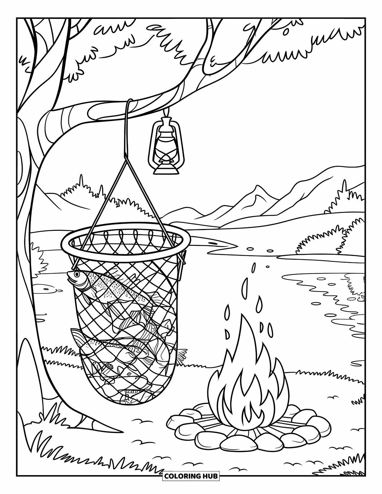 Ausmalbild Angeln für Kinder: Ein Fischernetz voller Fische hängt in der Nähe eines warmen Lagerfeuers