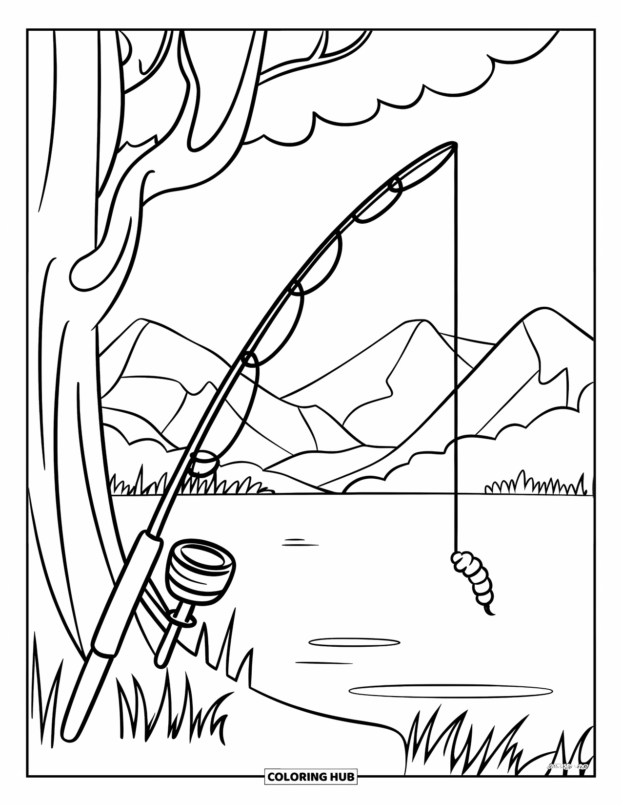 Ausmalbild Angeln für Kinder: Eine Angel lehnt an einem Baum in der Nähe eines Wurms und einer grasbewachsenen Berglandschaft