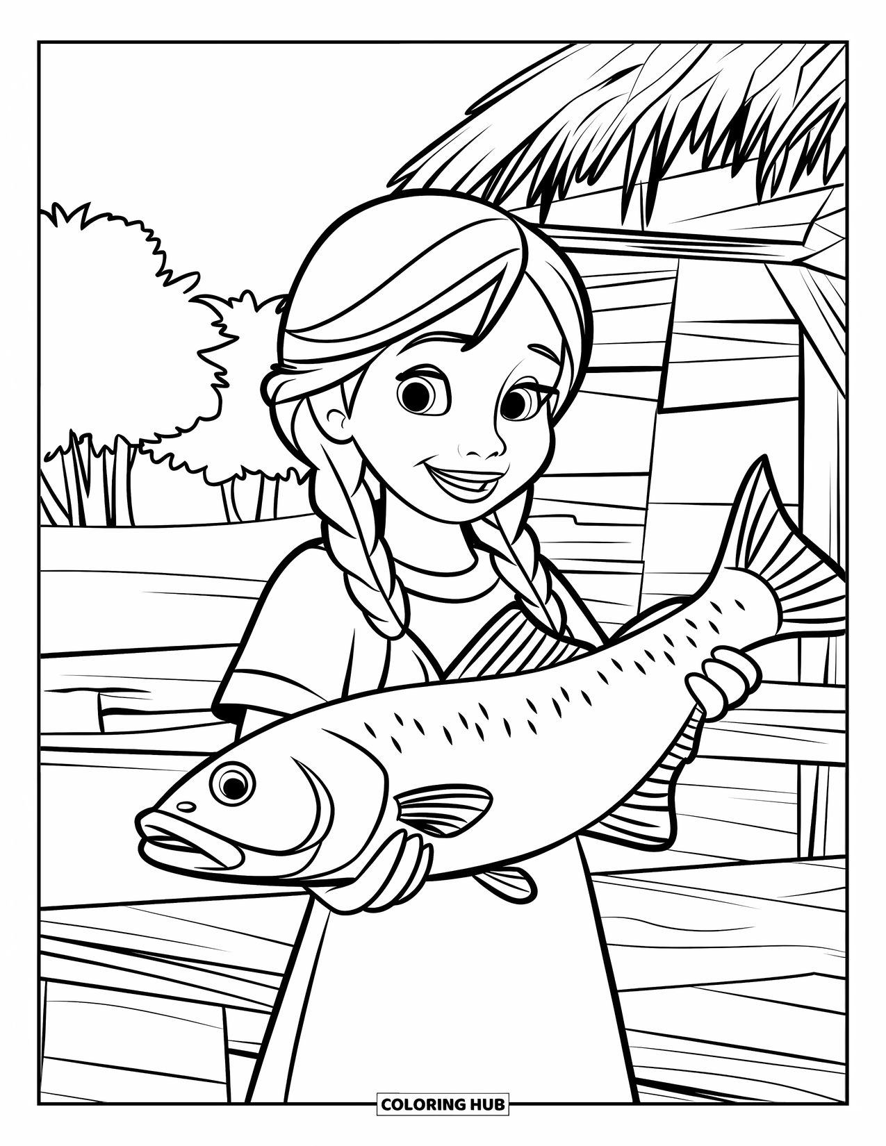 Ausmalbild Angeln für Kinder: Ein Mädchen mit Zöpfen hält einen großen Fisch neben einer Holzhütte und Wasser