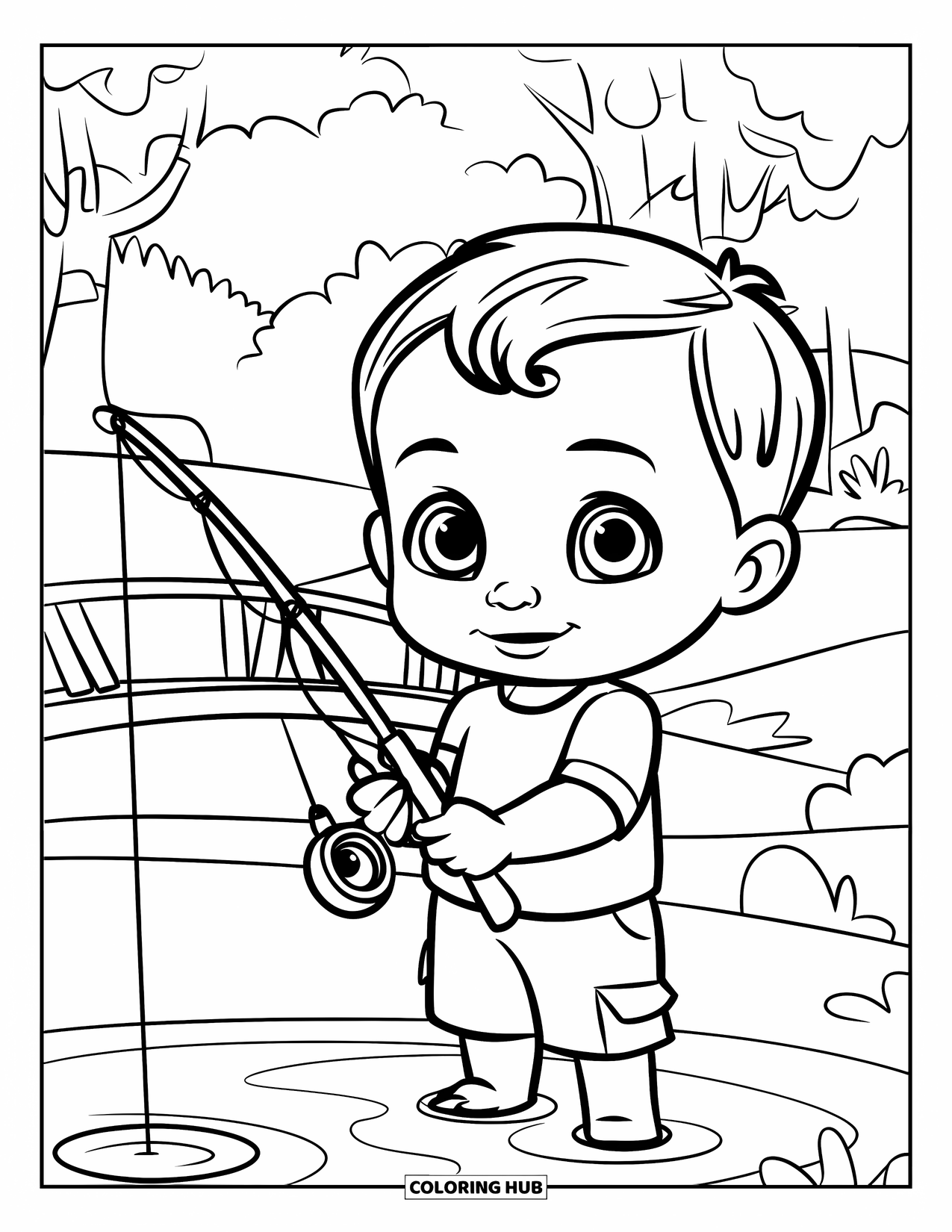 Ausmalbild Angeln für Kinder: Ein glückliches Kleinkind mit einer Angel steht an einem Teich und einer kleinen Brücke