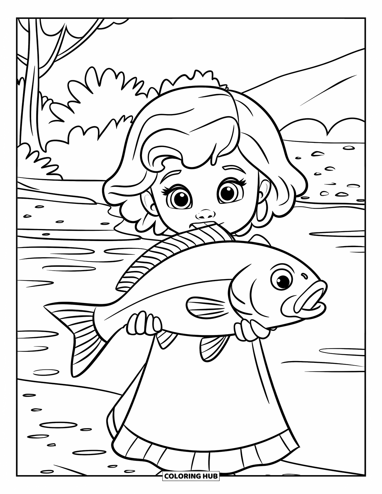 Ausmalbild Angeln für Kinder: Ein kleines Mädchen lächelt, während es einen großen Fisch in der Nähe eines Sees und von Bäumen hält