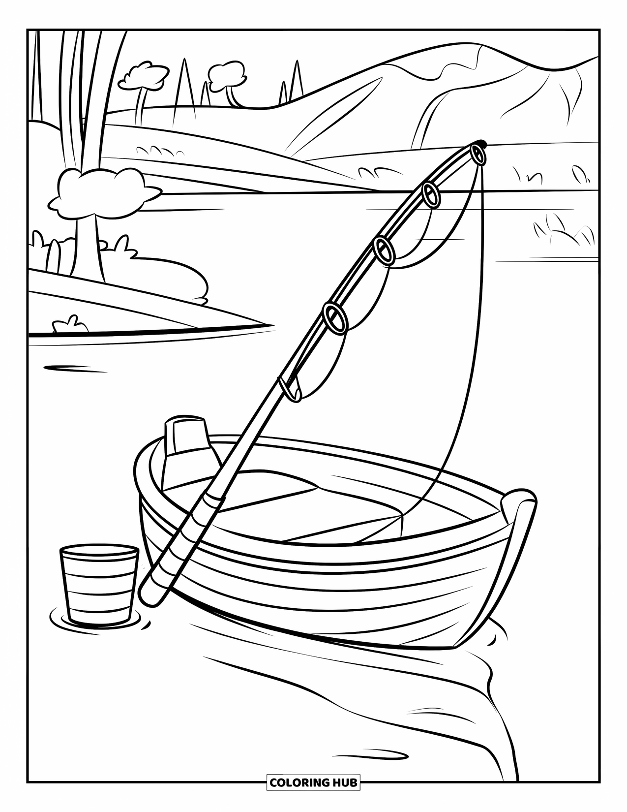 Ausmalbild Angeln für Kinder: Ein friedliches Boot treibt auf ruhigem Wasser mit Bäumen und einem Berg in der Nähe