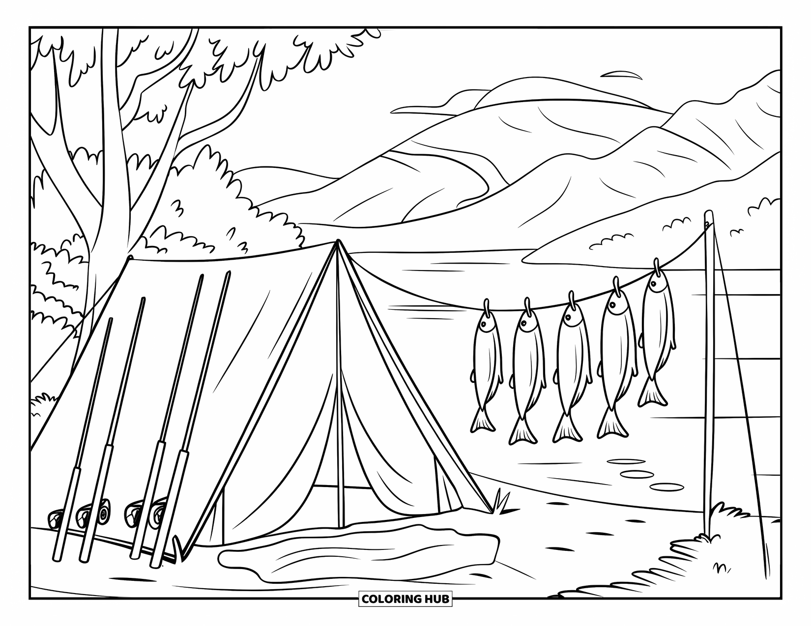 Ausmalbild Angeln für Kinder: Eine friedliche Zelt-Szene mit Ruten und Fischen in der Nähe eines Bergsees