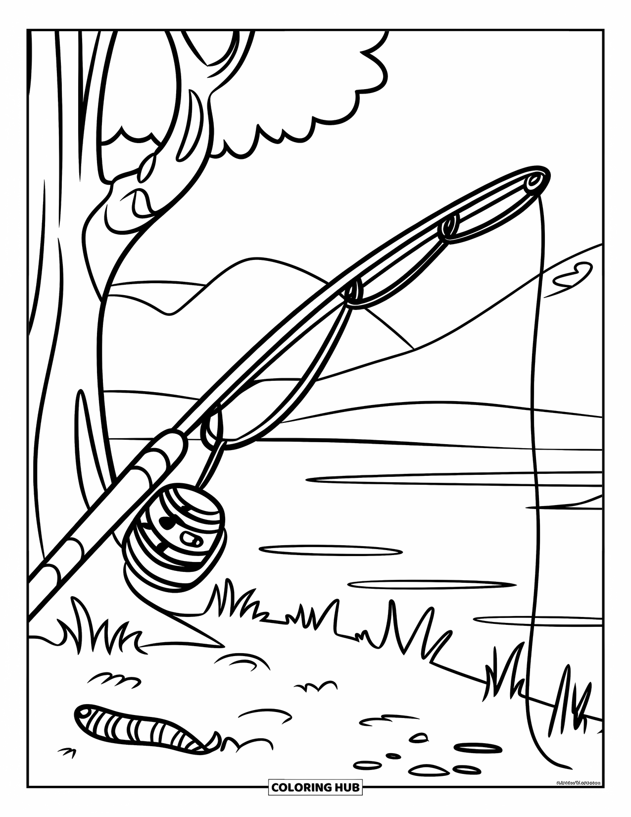 Ausmalbild Angeln für Kinder: Eine friedliche Szene an einem Baum mit einer Rute und einem Wurm an einem See und Berg