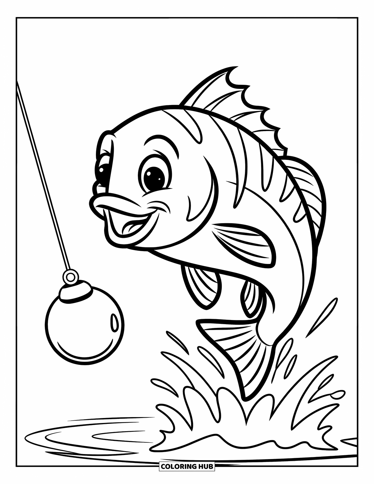 Ausmalbild Angeln für Kinder: Ein verspielter Fisch springt in der Nähe eines schwimmenden Schwimmers aus dem Wasser