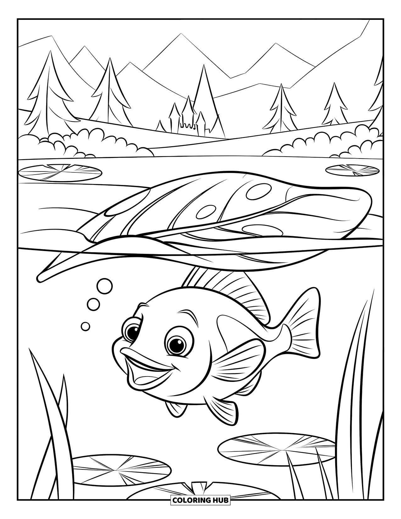 Ausmalbild Angeln für Kinder: Ein verspielter Fisch mit großen Augen schwimmt unter einem löchrigen Blatt in einem Teich in der Nähe einer Burg