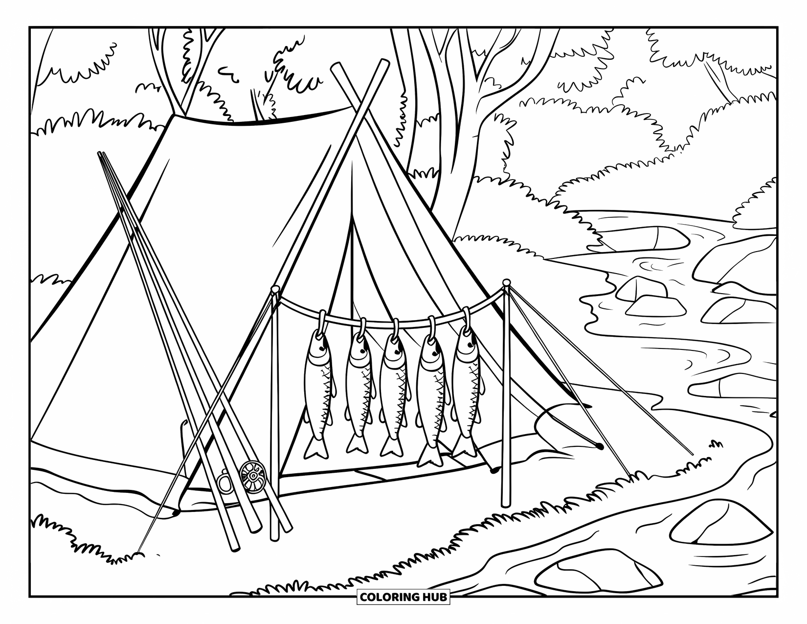 Ausmalbild Angeln für Kinder: Eine Zelt-Szene am Flussufer mit hängenden Fischen und fließendem Wasser