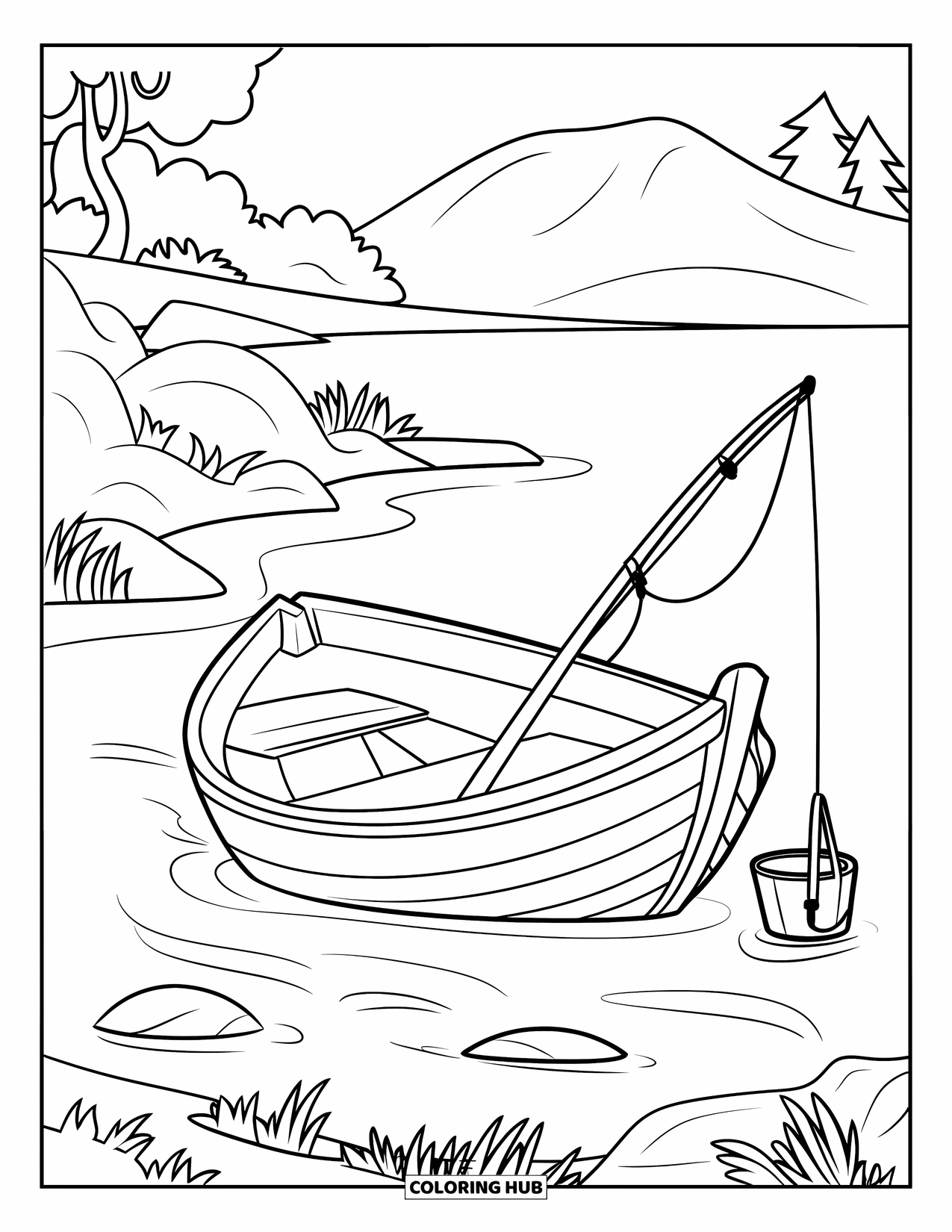 Ausmalbild Angeln für Kinder: Ein kleines Boot ruht in der Nähe des Ufers mit einer Angel und einem Eimer daneben