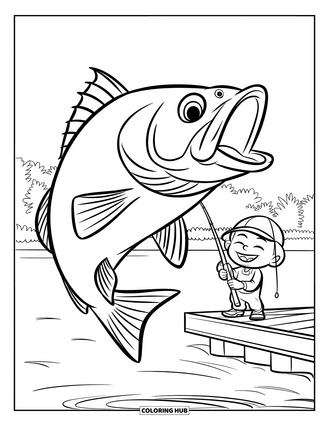 Ausmalbild Angeln für Kinder: Ein lächelndes Kind beobachtet, wie ein Fisch mit großen Augen in der Nähe eines Docks und von Bäumen springt