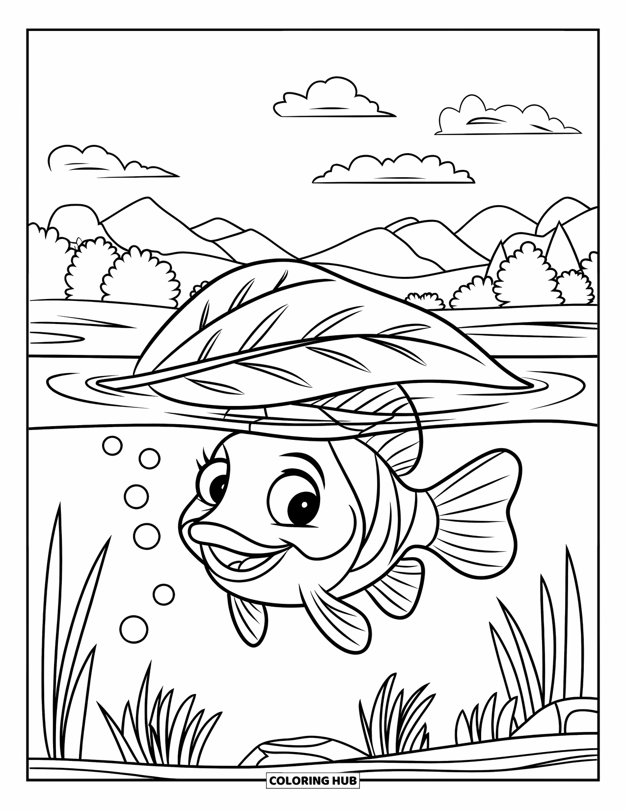 Ausmalbild Angeln für Kinder: Ein lächelnder Fisch schwimmt unter einem Blatt in einem malerischen Teich mit Bergblick