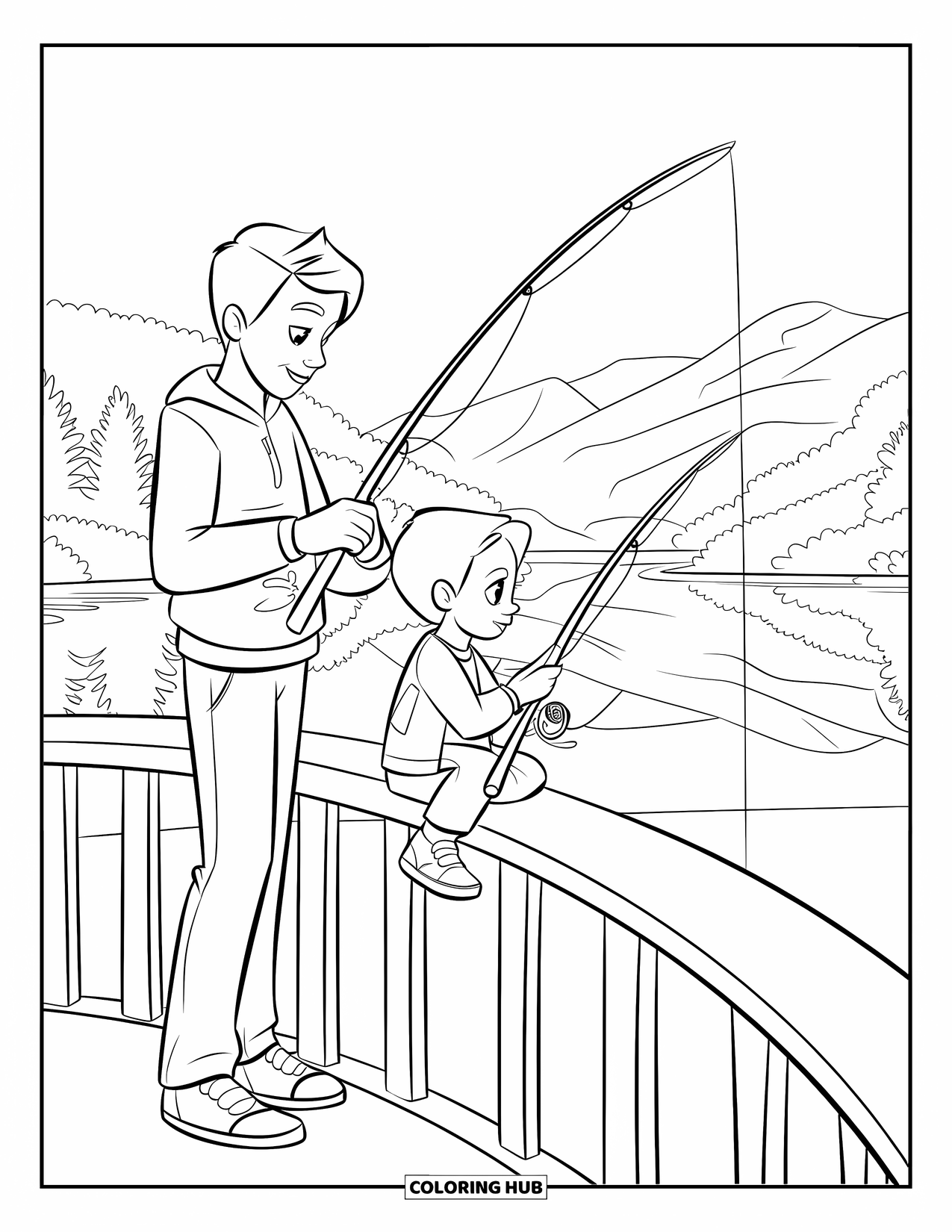 Ausmalbild Angeln für Kinder: Ein Teenager und ein Kind teilen einen friedlichen Angelmoment an einem See