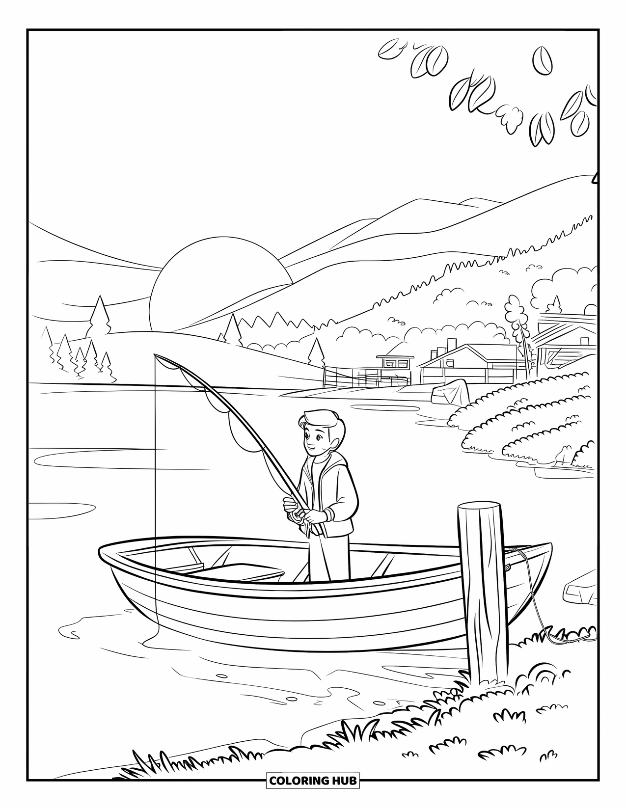 Ausmalbild Angeln für Kinder: Ein Teenager angelt bei Sonnenaufgang von einem Boot aus in der Nähe des Bergufers