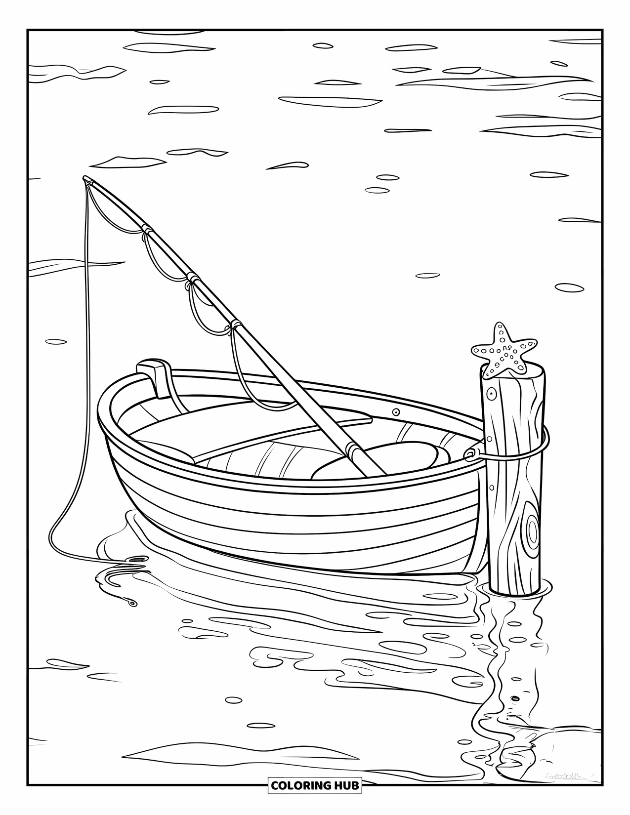 Ausmalbild Angeln für Kinder: Ein festgebundenes Boot schwimmt an einem Pfosten mit einem Seestern und sanften Reflexionen vorbei