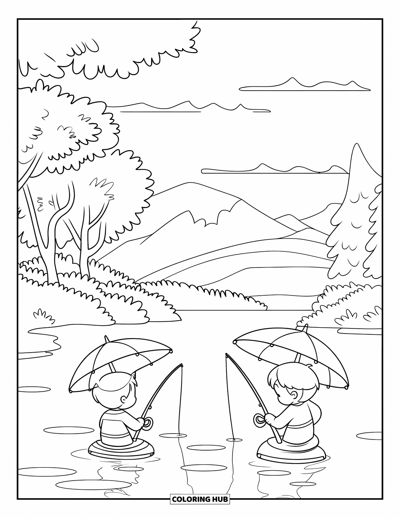 Ausmalbild Angeln für Kinder: Eine von Bäumen gesäumte Seeszene mit zwei Kindern, die unter einem großen Regenschirm angeln