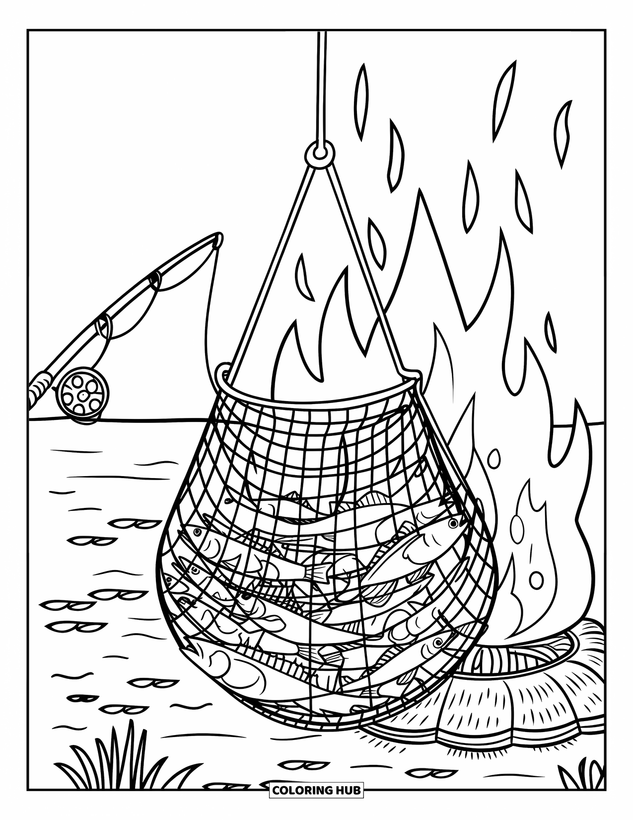Ausmalbild Angeln für Kinder: Eine Vielzahl von Fischen ruht in einem Netz in der Nähe eines glühenden Feuers