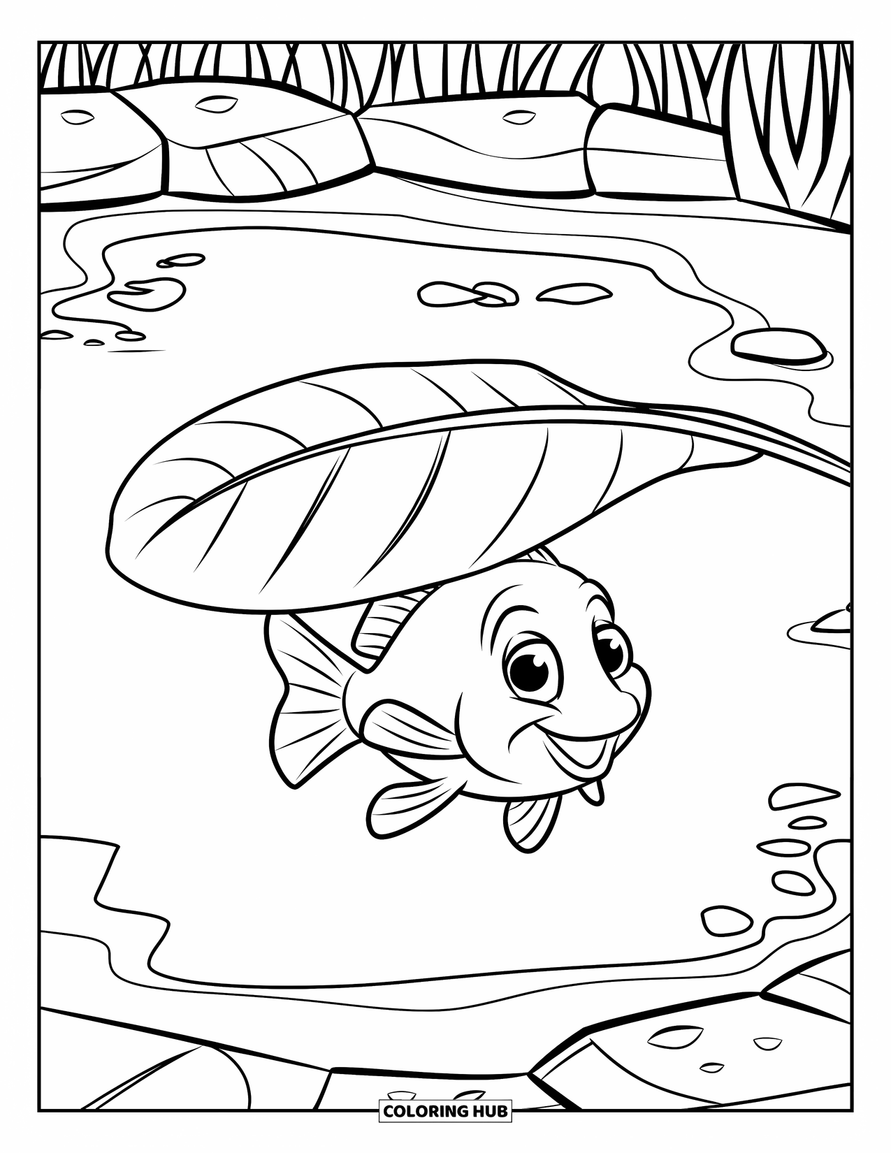 Ausmalbild Angeln für Kinder: Ein Fisch mit großen Augen schwimmt unter einem runden Blatt in einem Teich mit Felsen in der Nähe