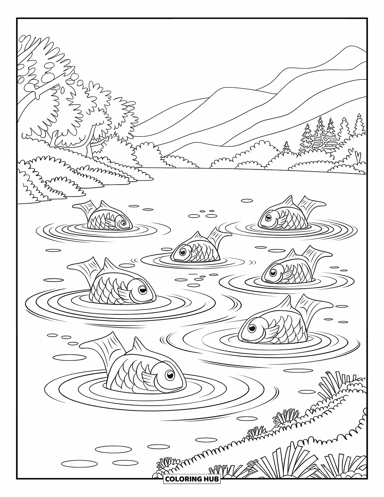 Ausmalbild Angeln für Kinder: Fische kräuseln sich durch einen ruhigen See, der von Bäumen und Bergen umgeben ist