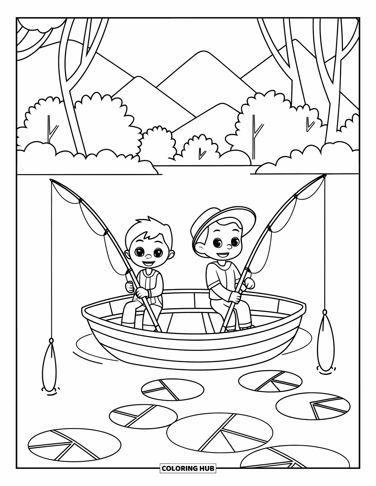 Ausmalbild Angeln für Kinder: Zwei Kinder angeln zusammen von einem Ruderboot aus, umgeben von Seerosen und Bergen