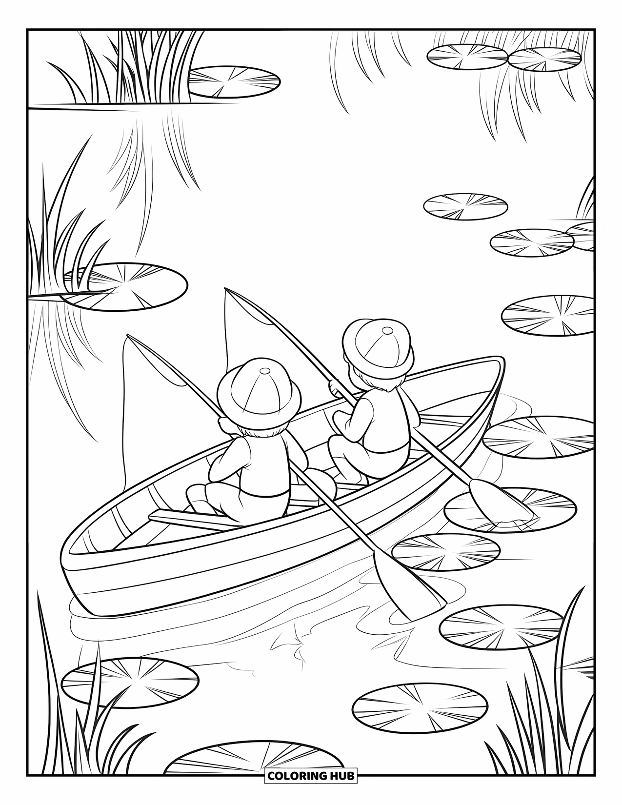 Ausmalbild Angeln für Kinder: Zwei Kinder mit Hüten angeln von einem Boot zwischen Seerosen und Seereflexionen