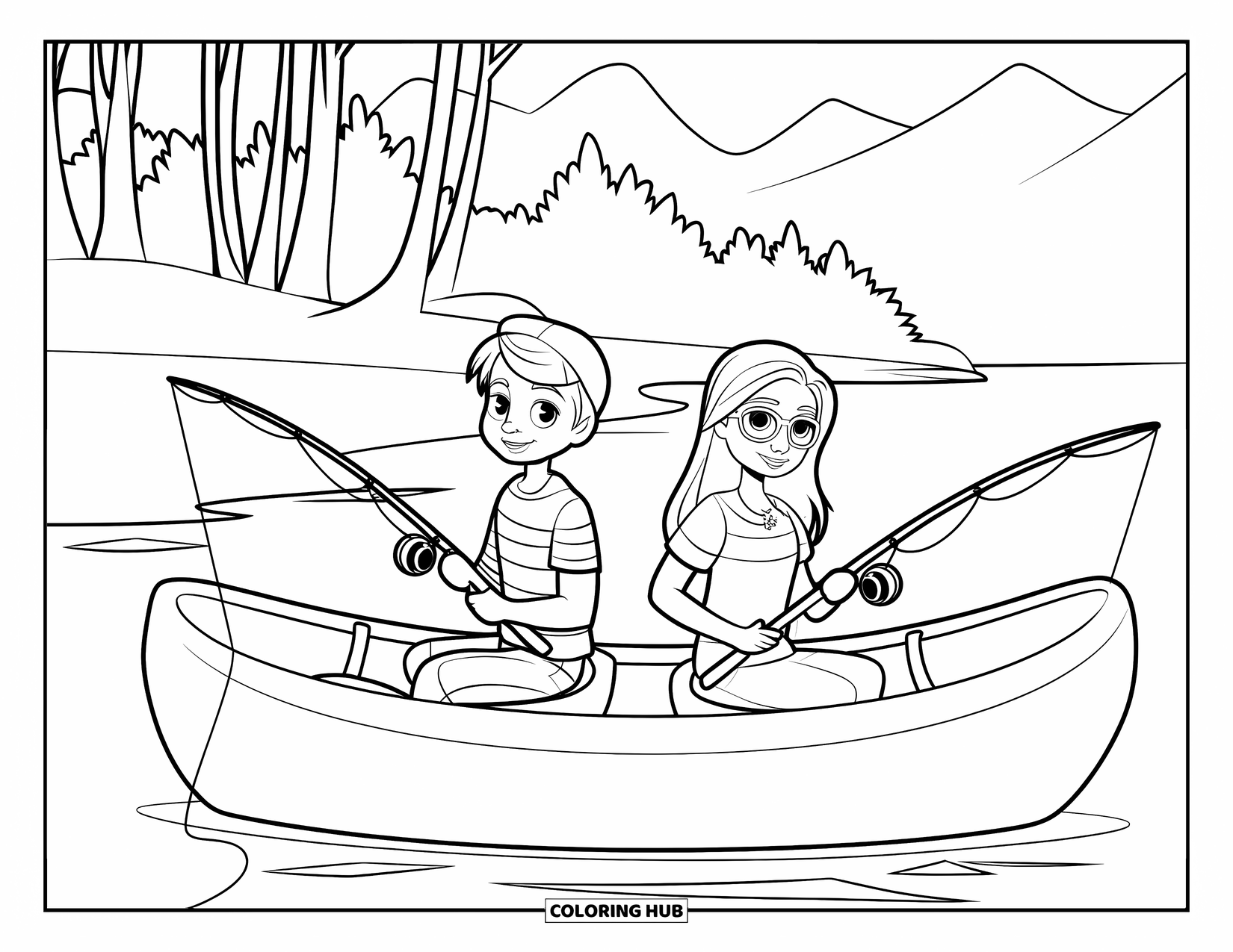 Ausmalbild Angeln für Kinder: Zwei Teenager angeln ruhig von gegenüberliegenden Seiten eines Kanus