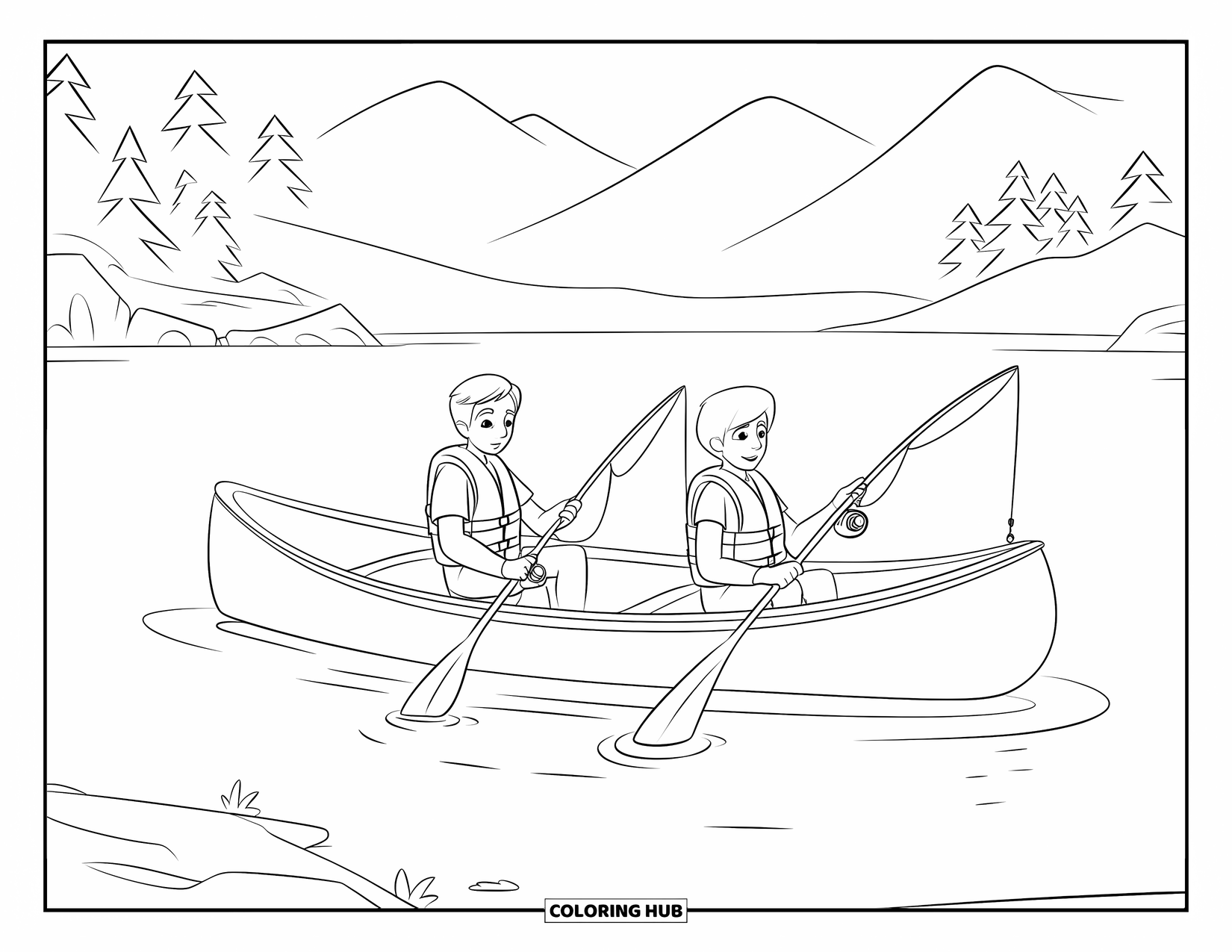 Ausmalbild Angeln für Kinder: Zwei Teenager angeln Seite an Seite in einem Kanu auf einem ruhigen See