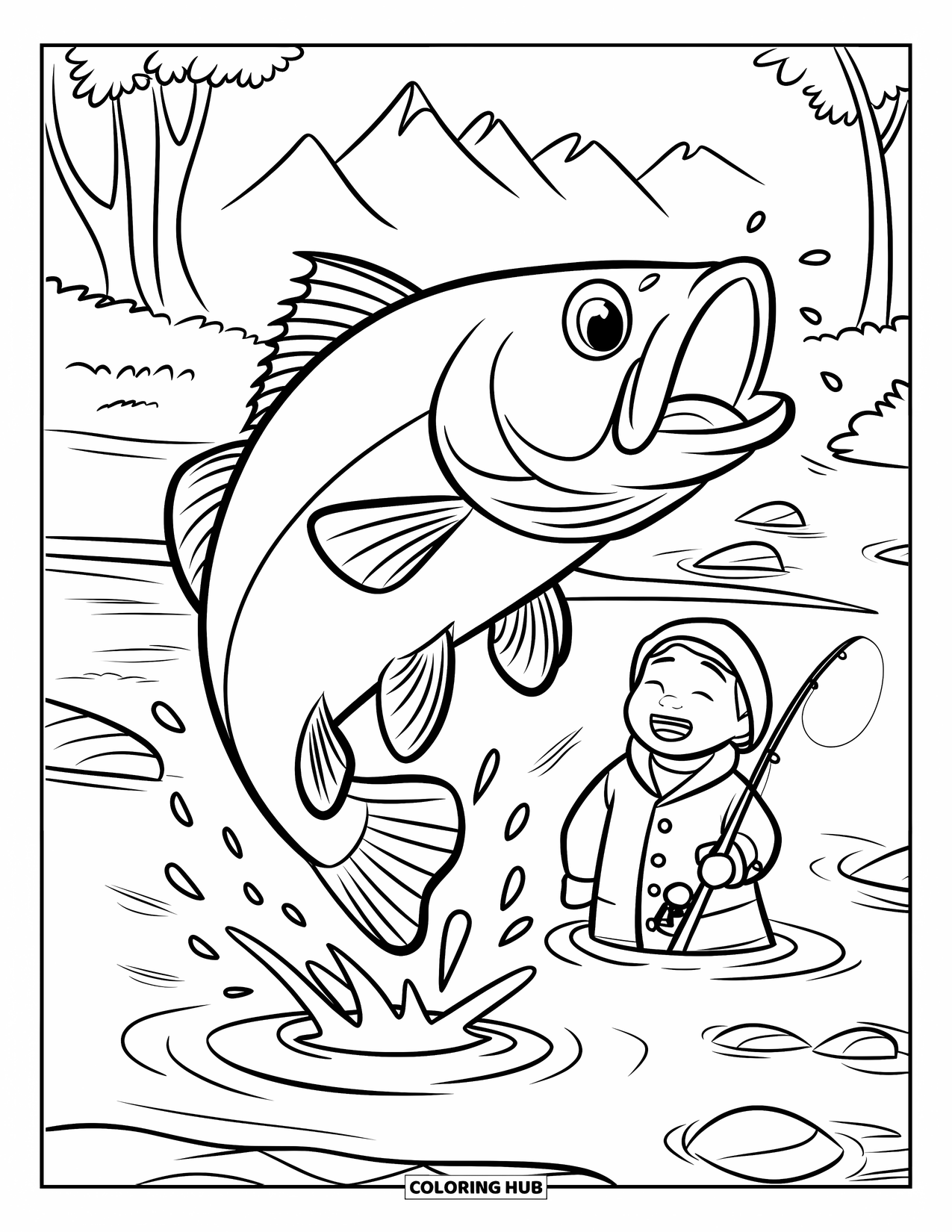 Ausmalbild Angeln für Kinder: Wasser spritzt, als ein Fisch in der Nähe eines lachenden Kindes in einem Fluss springt