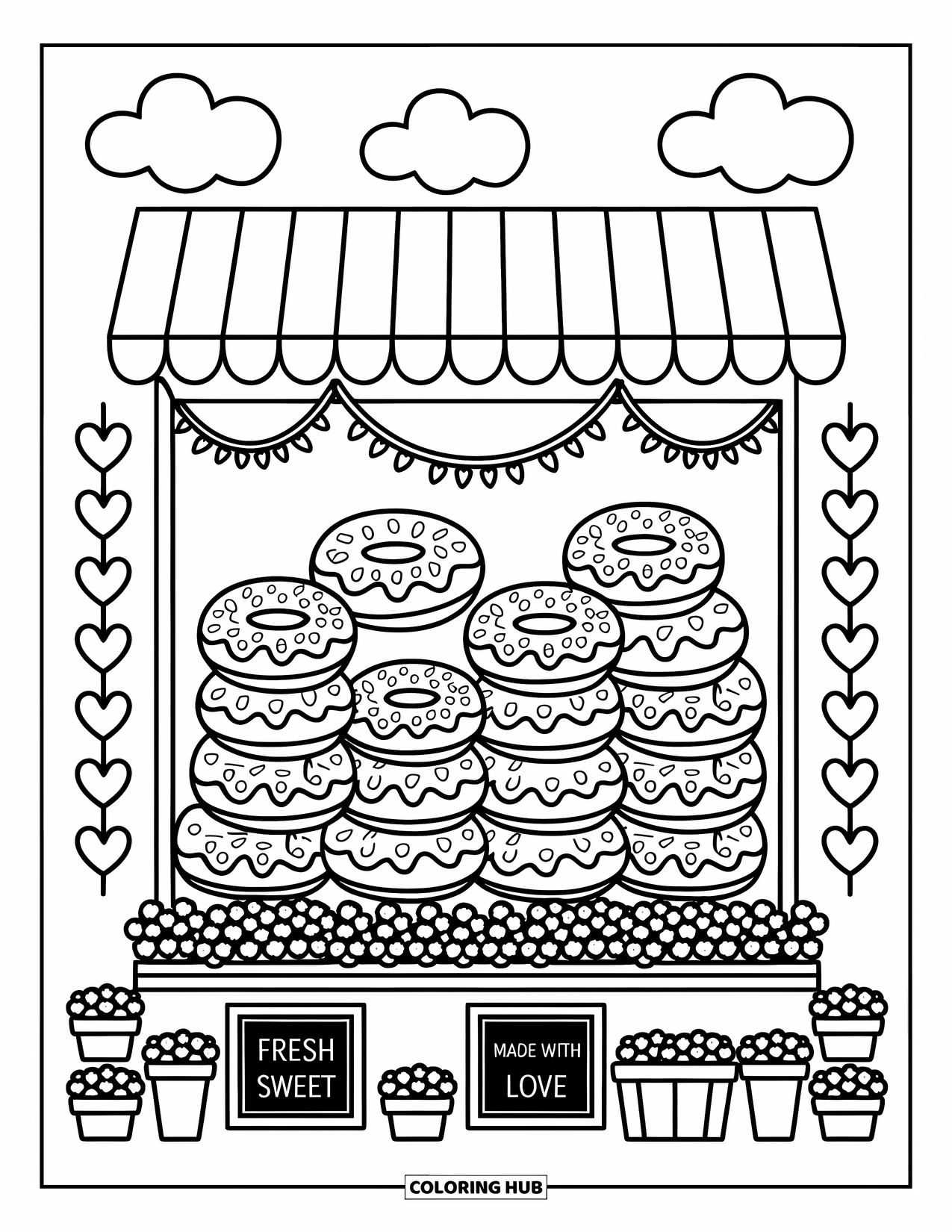 Coloriage d'aliments pour adultes : une vitrine de boulangerie remplie de beignes empilés, de guirlandes de cœurs et d'étoiles suspendues