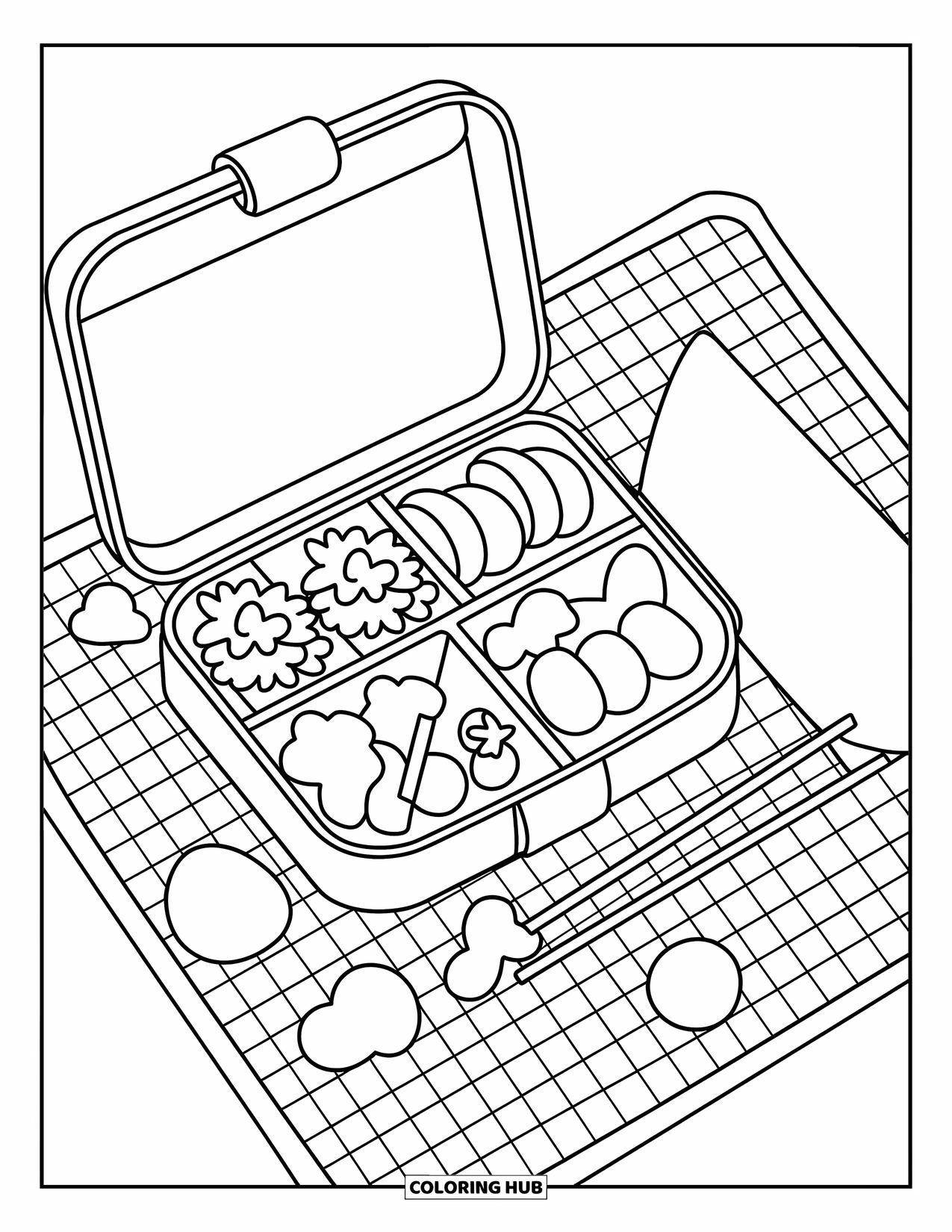 Coloriage d'aliments pour adultes : une boîte à bento avec du riz en forme d'étoile, des légumes, des saucisses et un charme de pique-nique